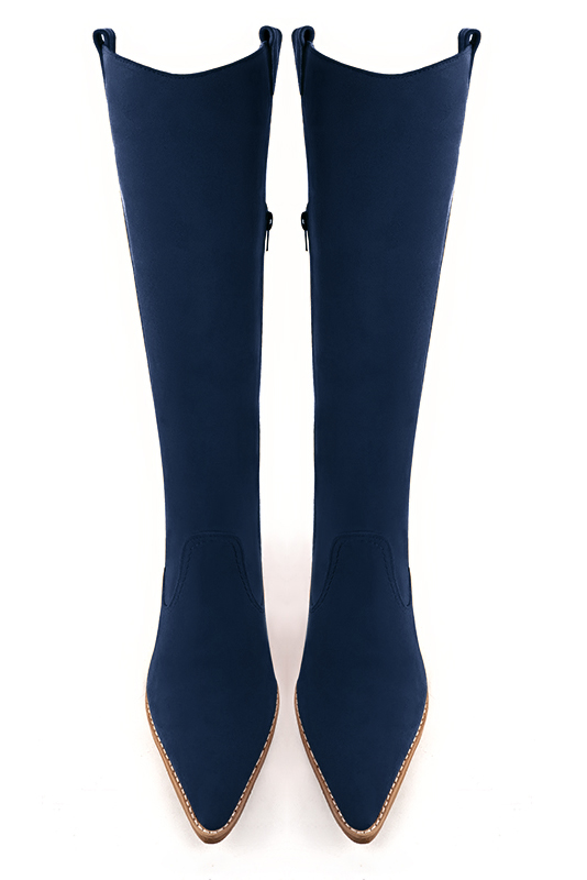 Navy blue women's cowboy boots. Tapered toe. Medium cone heels. Made to measure. Top view - Florence KOOIJMAN